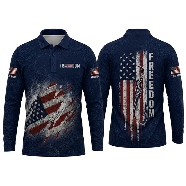 Freedom American Flag Personalized Fishing Polo Long Sleeve Shirt 2026