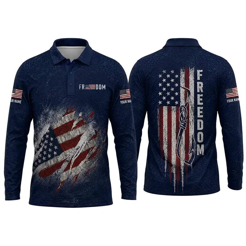 Freedom American Flag Personalized Fishing Polo Long Sleeve Shirt