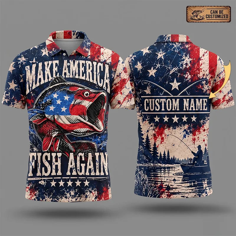 Personalized Make America Fish Again American Flag Fishing Polo Shirt
