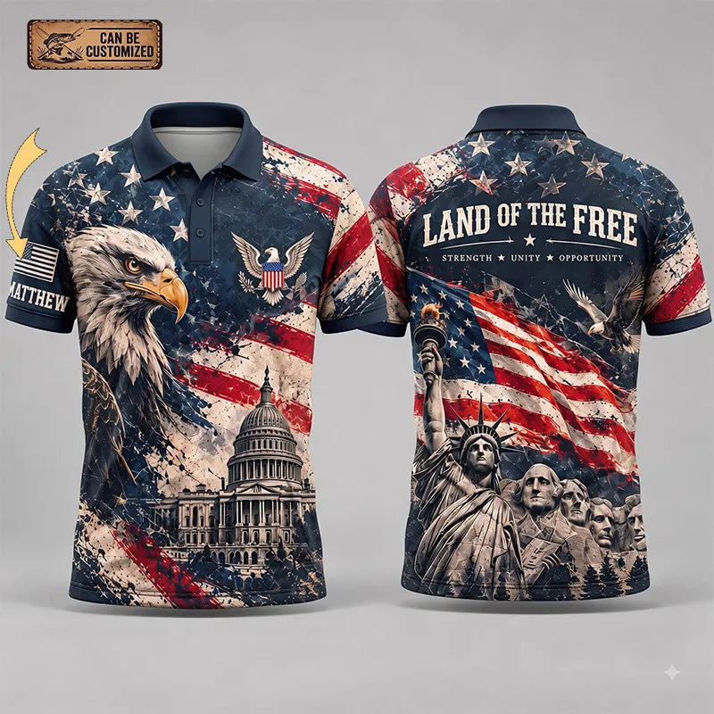 Personalized Land Of The Free Bald Eagle American Flag Polo Shirt