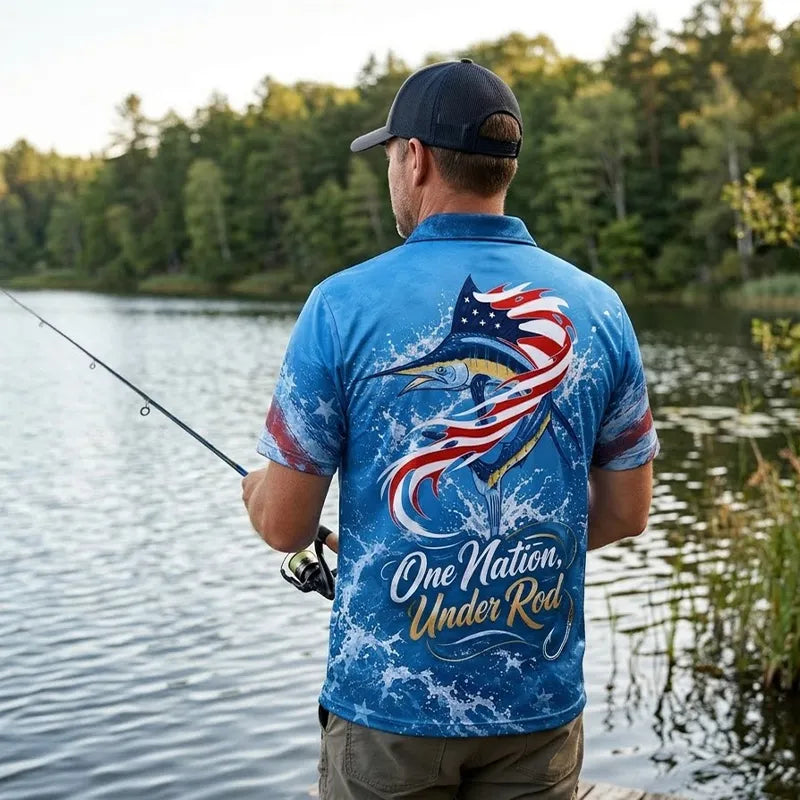 Custom One Nation Under Rod Patriotic Fishing Polo Shirt