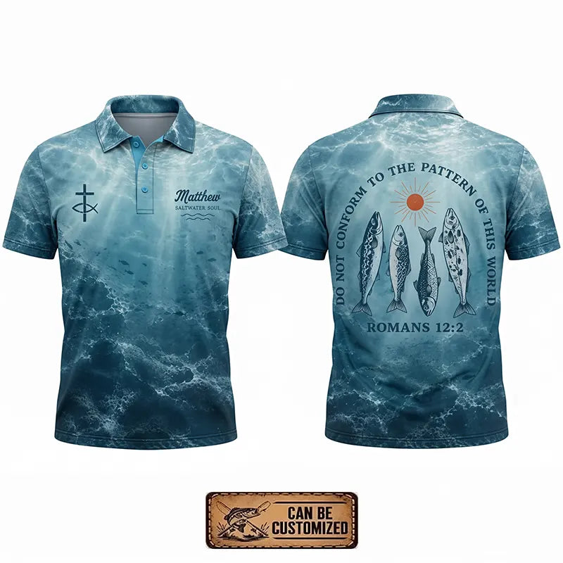 Personalized Romans 12:2 Christian Ocean Fishing Polo Shirt