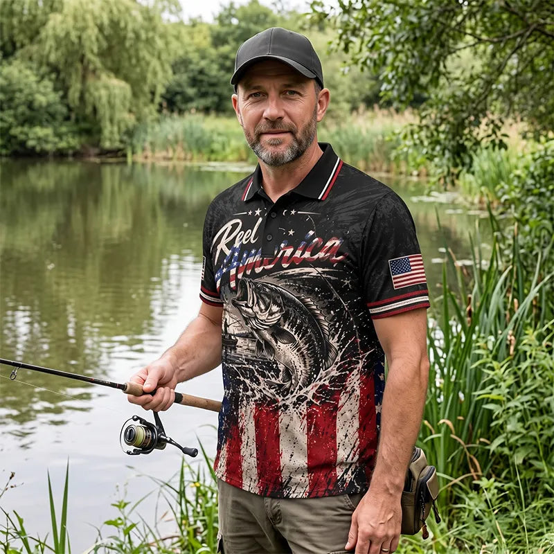 Reel America Bass Fishing Custom Name Patriotic Polo Shirt