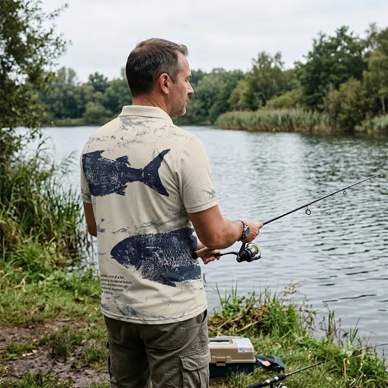 Fathom Thread Gyotaku Fishing Art Outdoor Polo Shirt