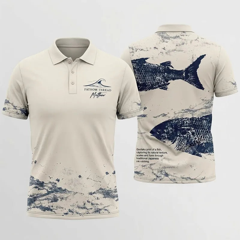 Fathom Thread Gyotaku Fishing Art Outdoor Polo Shirt