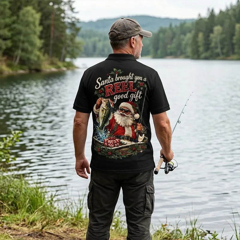 Santa REEL Good Gift Fishing Christmas Polo Shirt