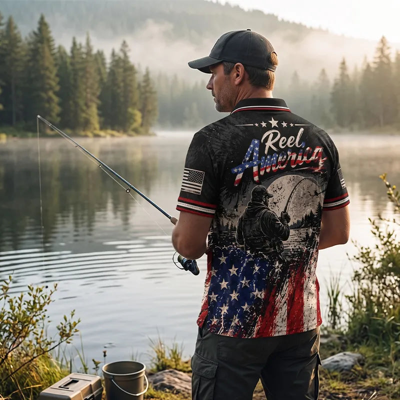 Reel America Bass Fishing Custom Name Patriotic Polo Shirt