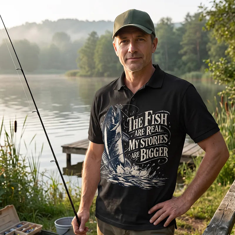 The Fish Are Real My Stories Are Bigger Fishing Polo Shirt