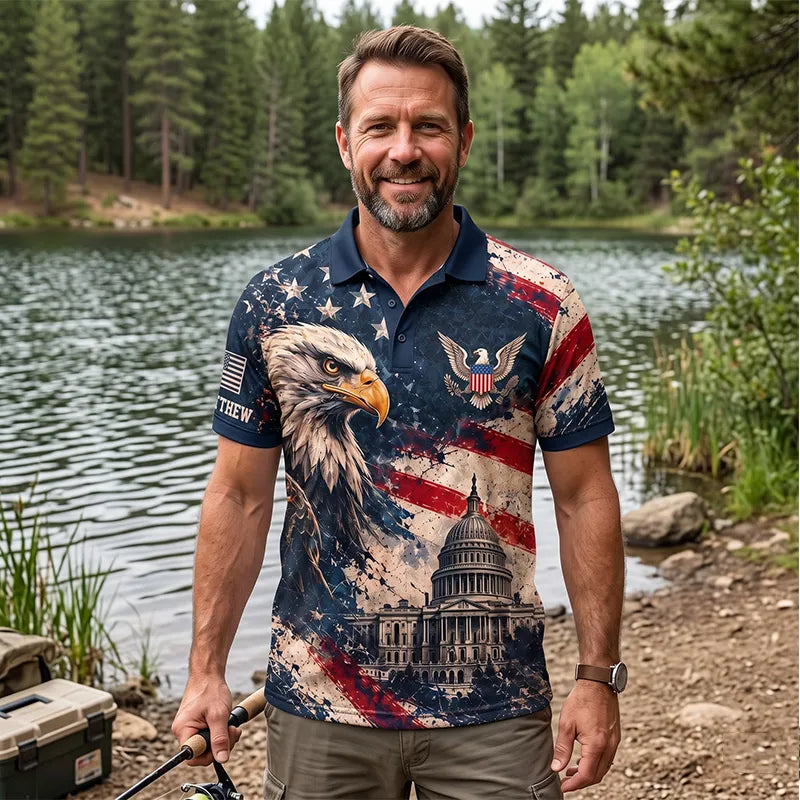 Personalized Land Of The Free Bald Eagle American Flag Polo Shirt