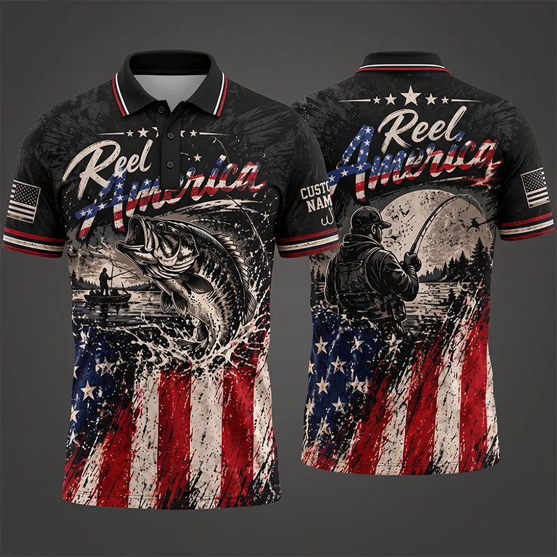 Reel America Bass Fishing Custom Name Patriotic Polo Shirt