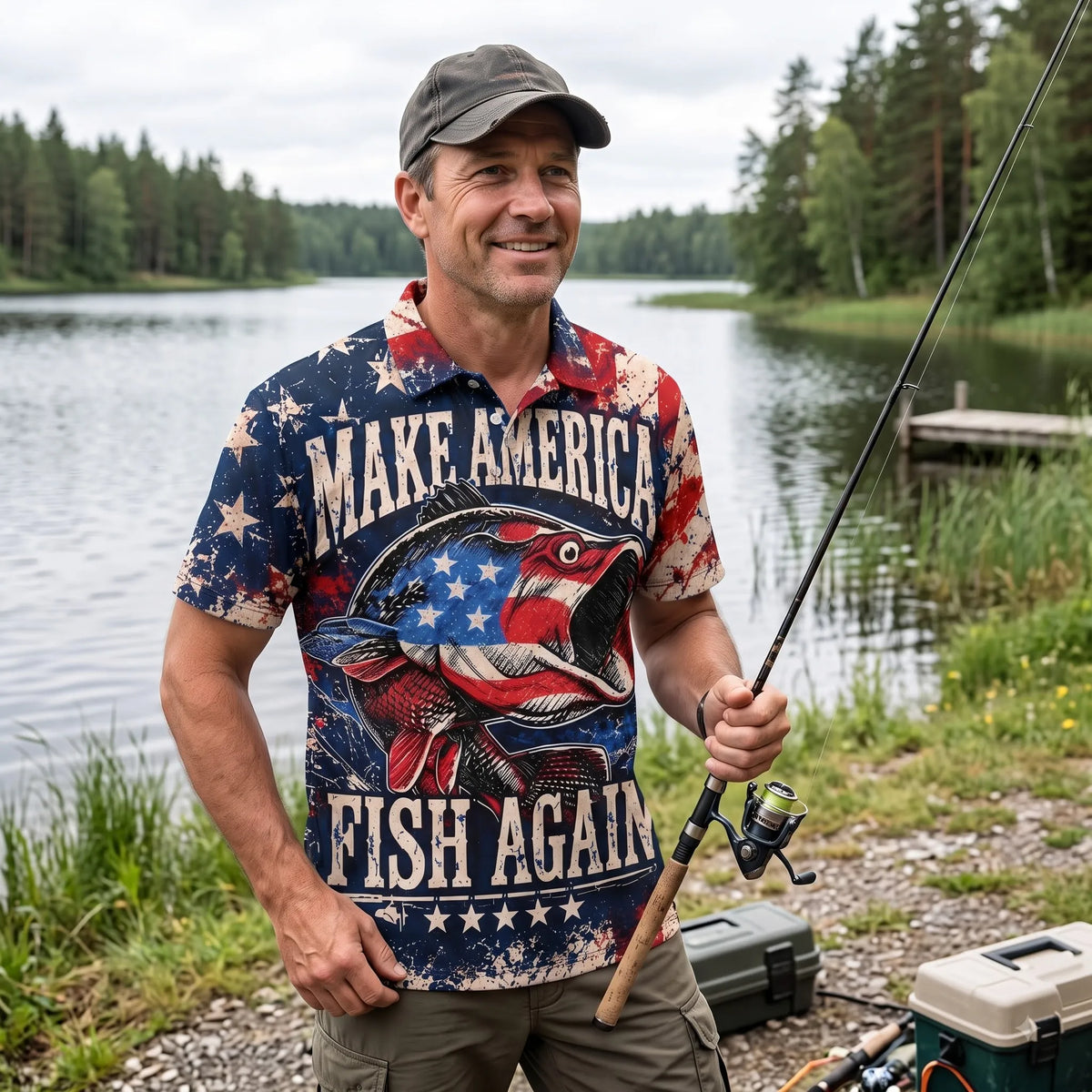 Personalized Make America Fish Again American Flag Fishing Polo Shirt