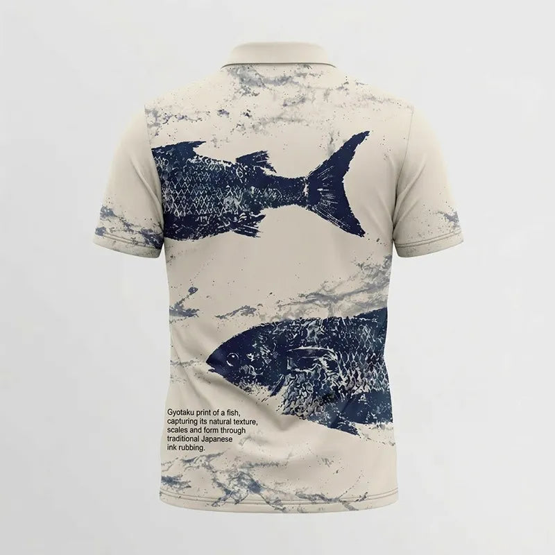 Fathom Thread Gyotaku Fishing Art Outdoor Polo Shirt