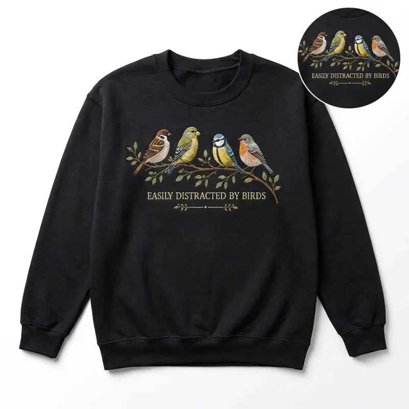 Easily Distracted by Birds Sweater – Print & Embroidery