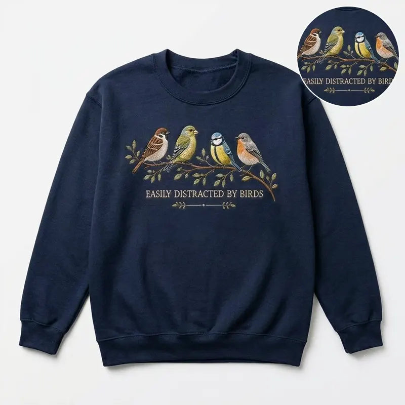 Easily Distracted by Birds Sweater – Print & Embroidery