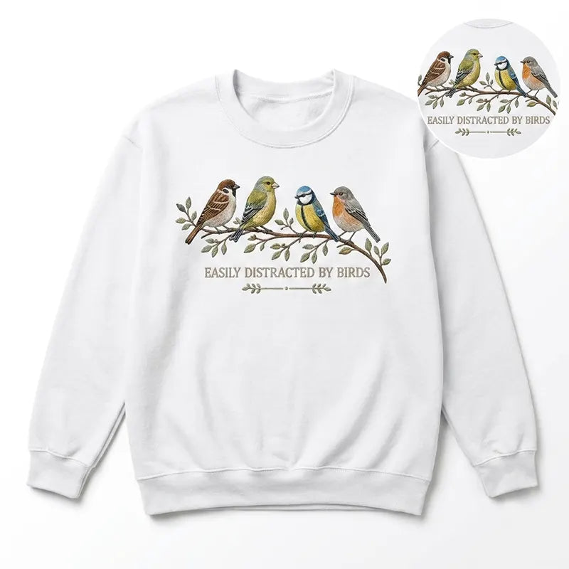 Easily Distracted by Birds Sweater – Print & Embroidery