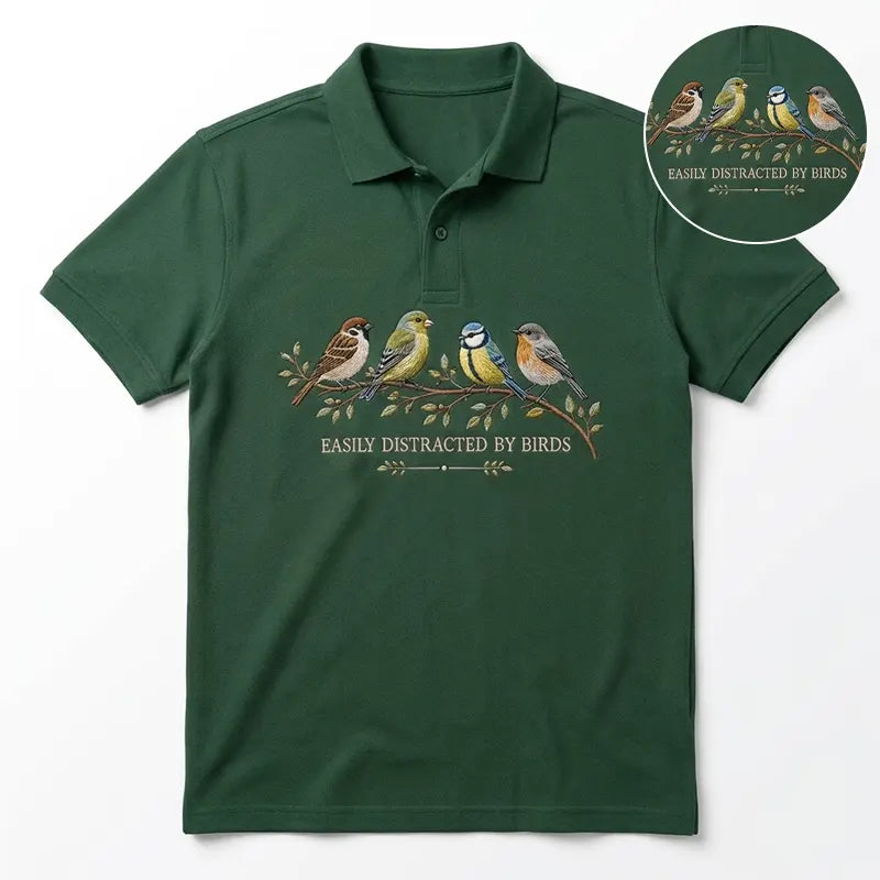 Easily Distracted by Birds Embroidered Polo Shirt