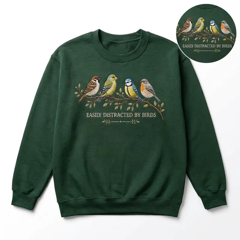 Easily Distracted by Birds Sweater – Print & Embroidery
