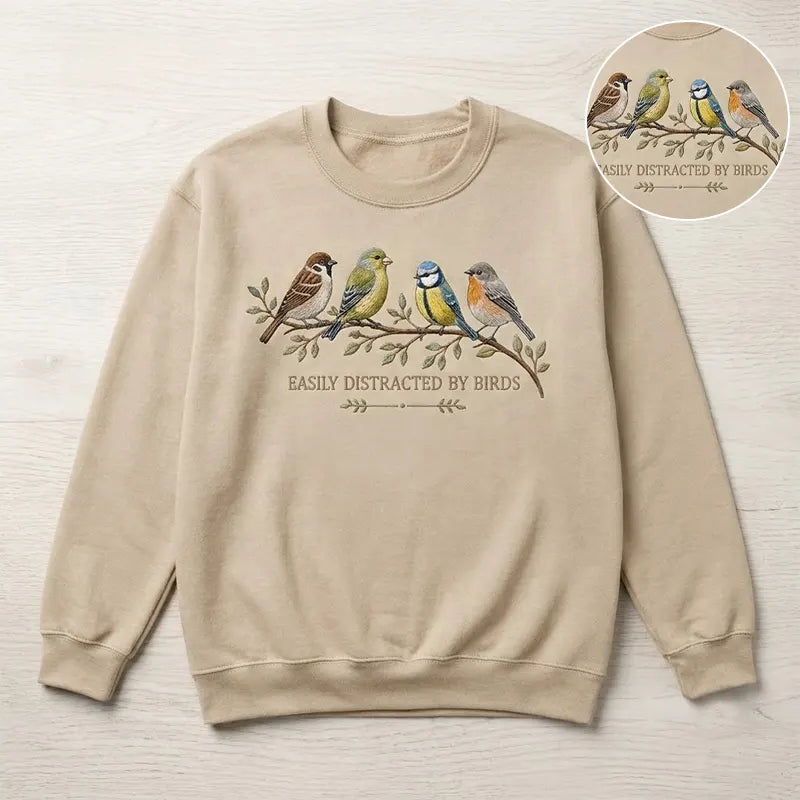 Easily Distracted by Birds Sweater – Print & Embroidery