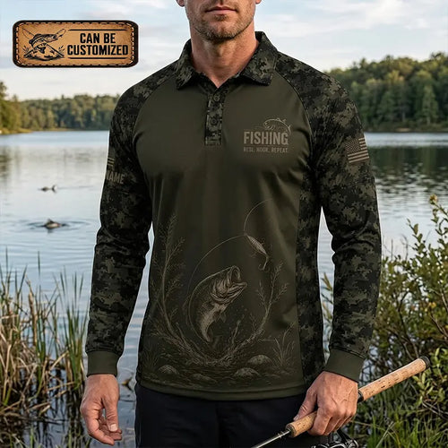 Reel Hook Repeat Fishing Polo Long Sleeve Shirt
