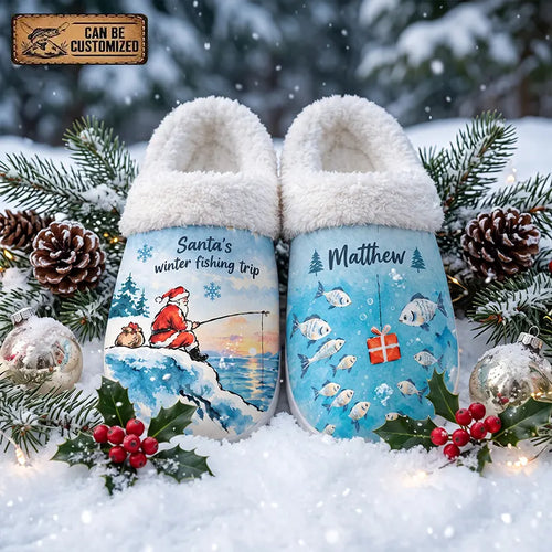 Santa's Winter Fishing Trip Personalized Christmas Fishing Fur Slippers