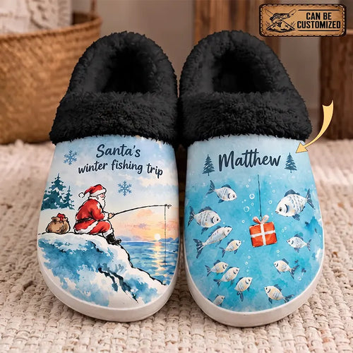 Santa's Winter Fishing Trip Personalized Christmas Fishing Fur Slippers