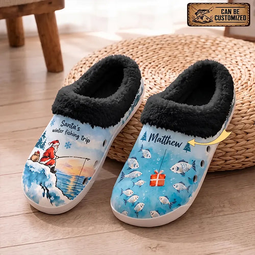 Santa's Winter Fishing Trip Personalized Christmas Fishing Fur Slippers