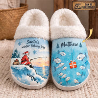 Santa's Winter Fishing Trip Personalized Christmas Fishing Fur Slippers