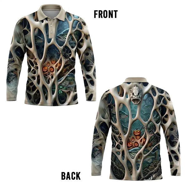 Skeleton Pumpkin Halloween Fishing Polo Long Sleeve Shirt