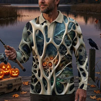 Skeleton Pumpkin Halloween Fishing Polo Long Sleeve Shirt