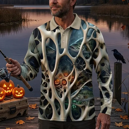 Skeleton Pumpkin Halloween Fishing Polo Long Sleeve Shirt