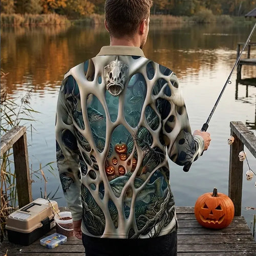 Skeleton Pumpkin Halloween Fishing Polo Long Sleeve Shirt