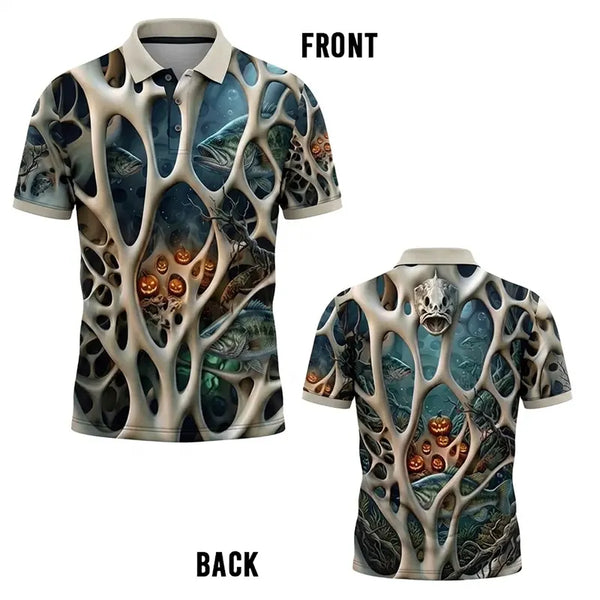 Skeleton Pumpkin Halloween Fishing Polo Shirt
