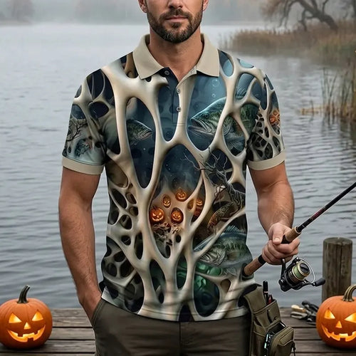 Skeleton Pumpkin Halloween Fishing Polo Shirt
