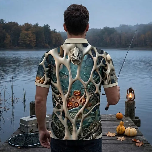 Skeleton Pumpkin Halloween Fishing Polo Shirt