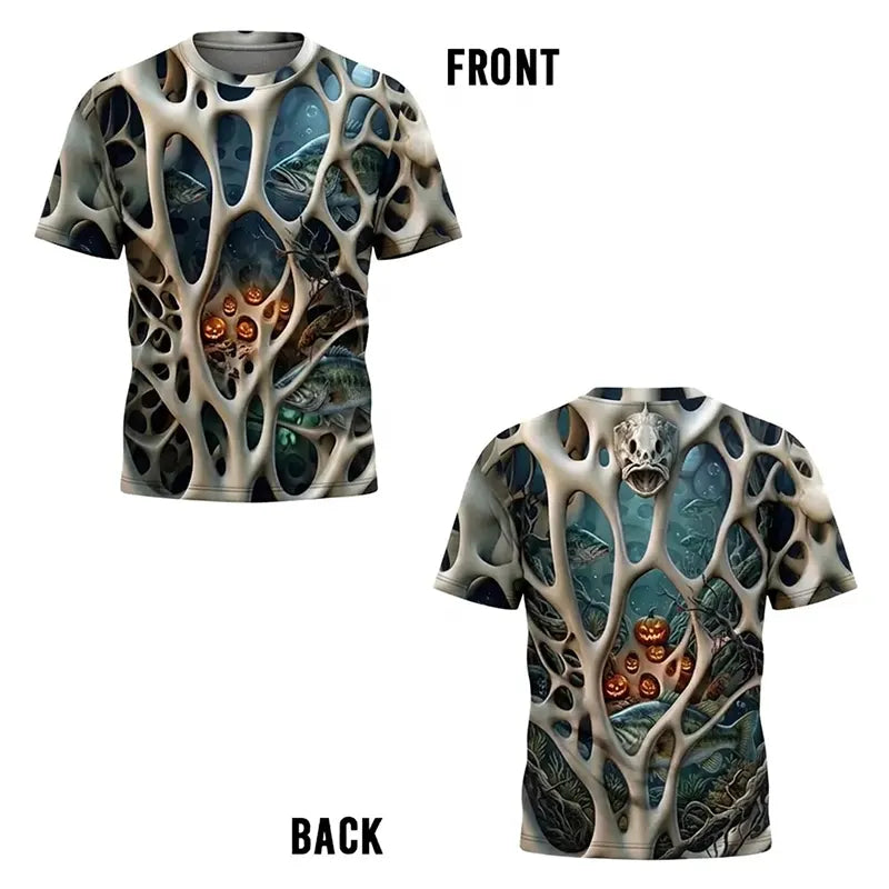 Skeleton Pumpkin Halloween Fishing T-Shirt all-over print design