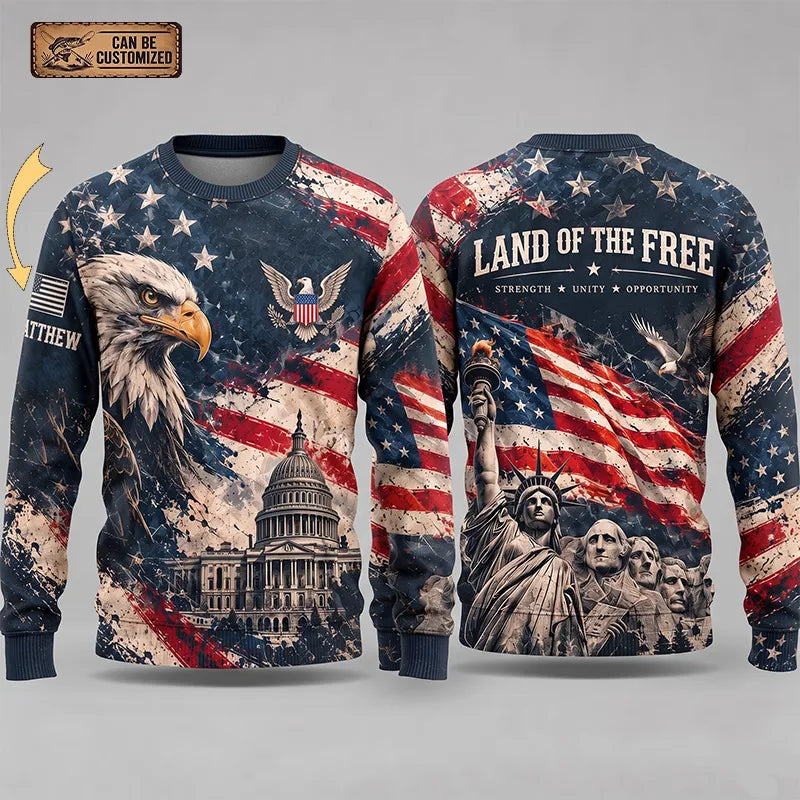 Personalized Land Of The Free Bald Eagle American Flag Sweater