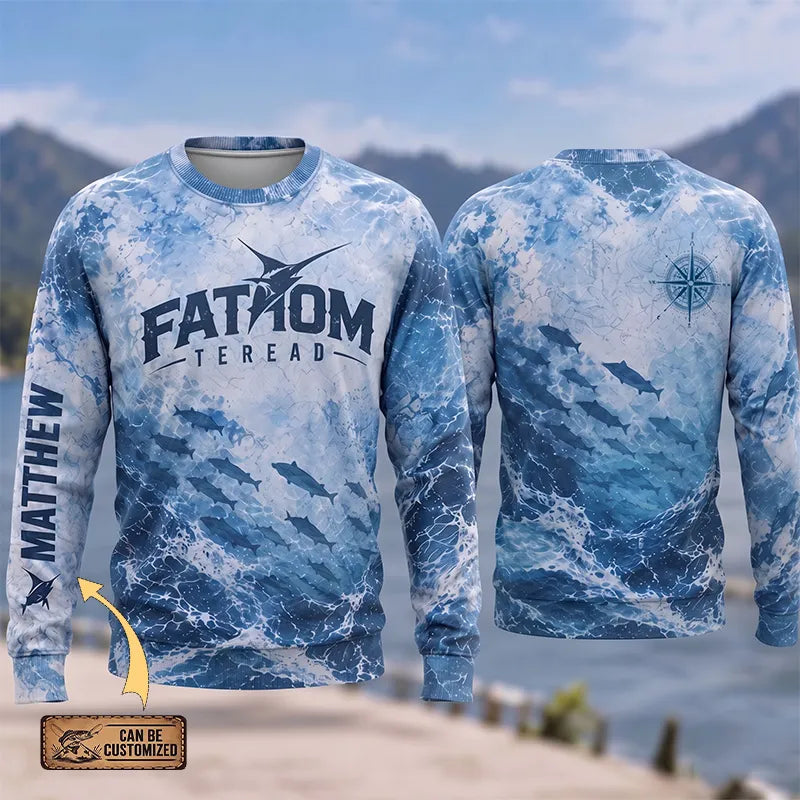 Ocean Waves Swordfish Personalized Fishing Sweater