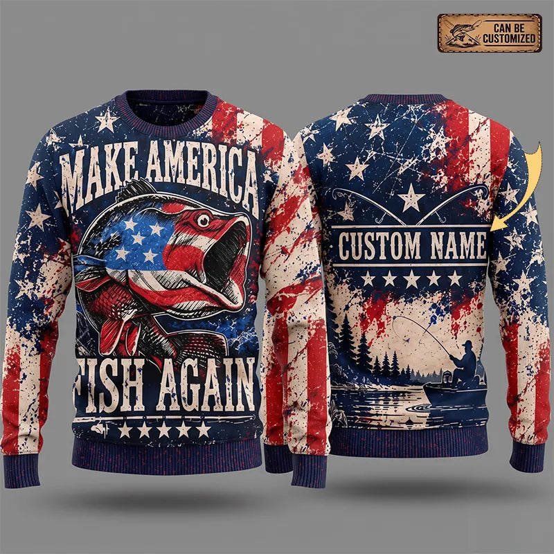 Personalized Make America Fish Again American Flag Fishing Sweater