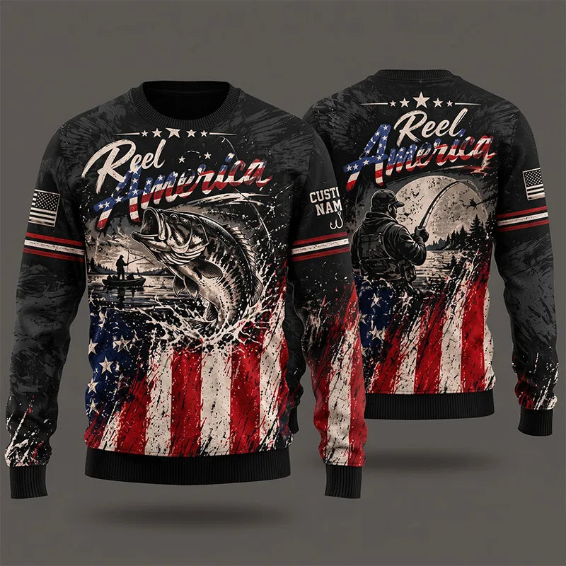Reel America Bass Fishing Custom Name Patriotic Sweater