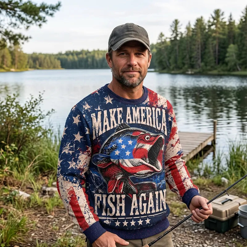 Personalized Make America Fish Again American Flag Fishing Sweater