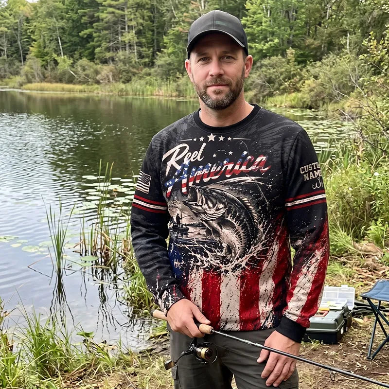 Reel America Bass Fishing Custom Name Patriotic Sweater