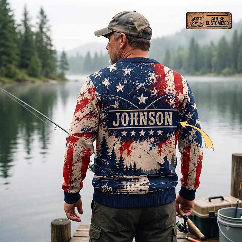 Personalized Make America Fish Again American Flag Fishing Sweater
