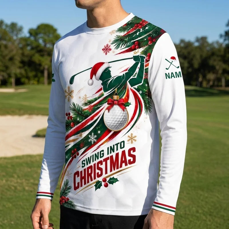 Swing Into Christmas Personalized Golf Long Sleeve Shirt 2026