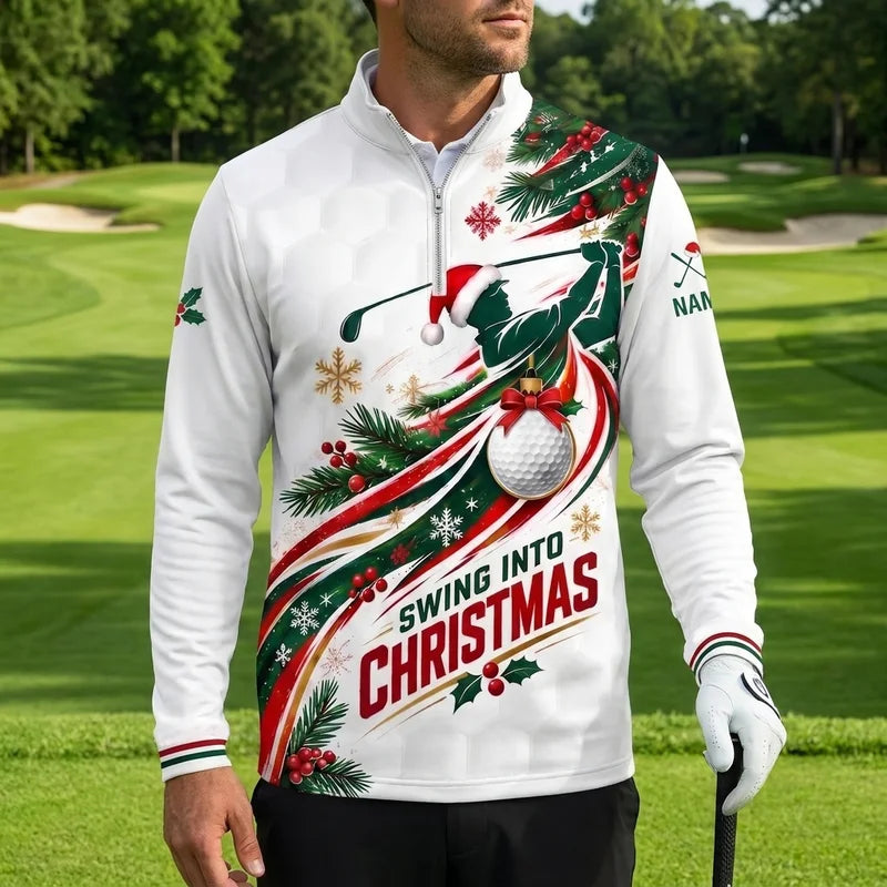 Swing Into Christmas Personalized Golf Zip Long Sleeve Shirt 2026