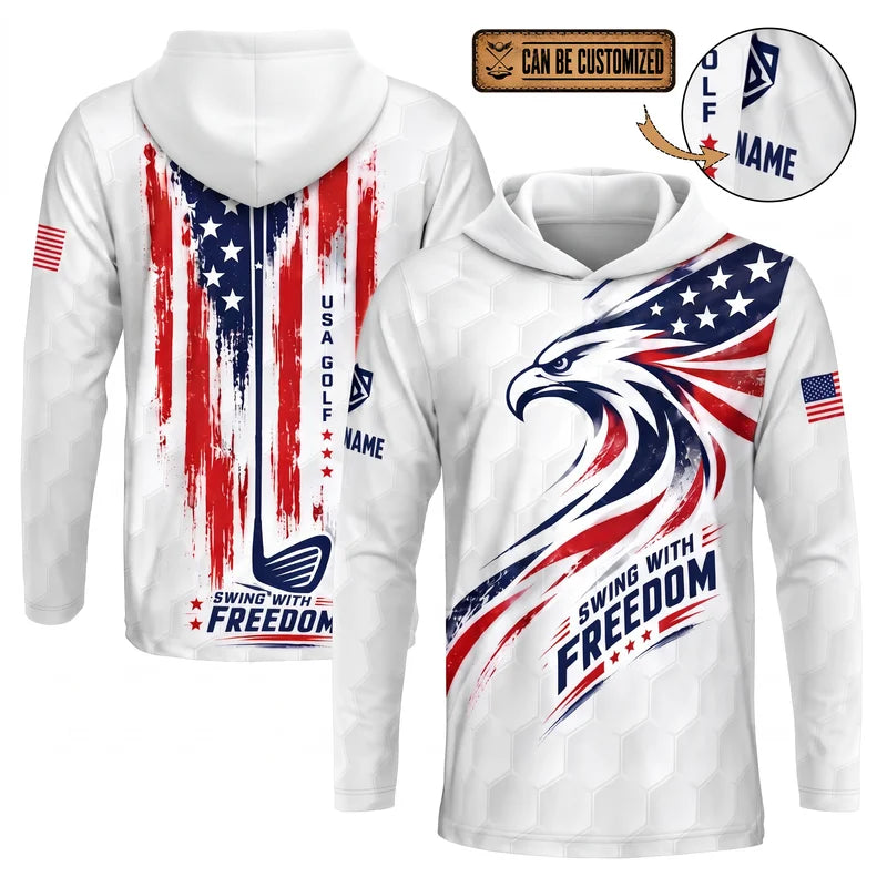 Swing With Freedom Personalized USA Golf Hooded Long Sleeve Shirt 2026