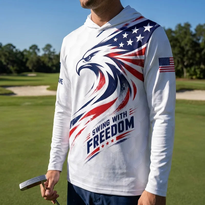 Swing With Freedom Personalized USA Golf Hooded Long Sleeve Shirt 2026