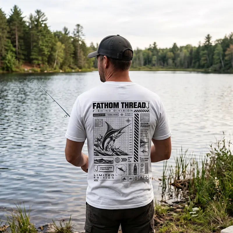 Swordfish Ocean Pursuit Fishing Technical Blueprint T-Shirt