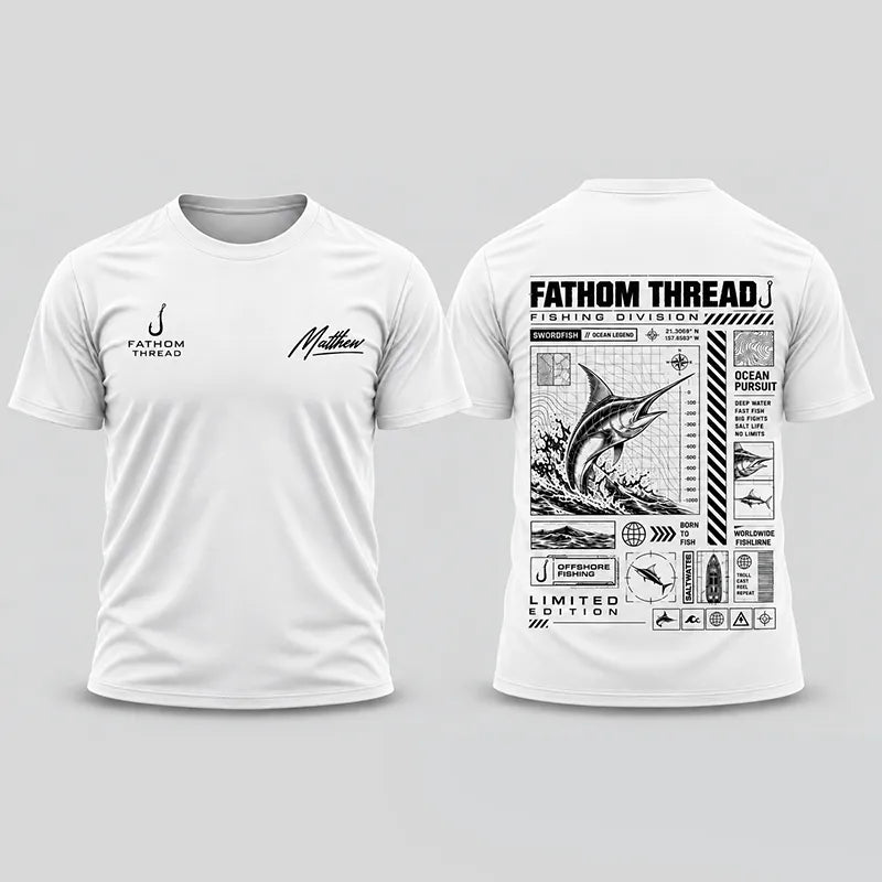 Swordfish Ocean Pursuit Fishing Technical Blueprint T-Shirt