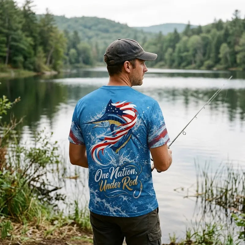 Custom One Nation Under Rod Patriotic Fishing Performance T-Shirt
