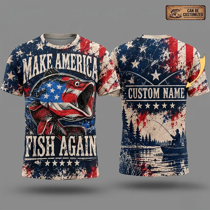 Personalized Make America Fish Again American Flag Fishing T-Shirt